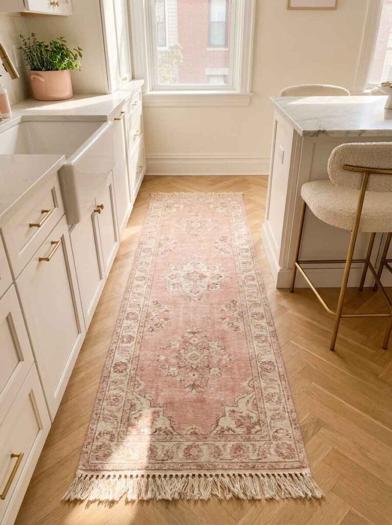 Distressed vintage blush pink runner rug with tassels placed between white kitchen cabinets and an island with bouclé stools.
