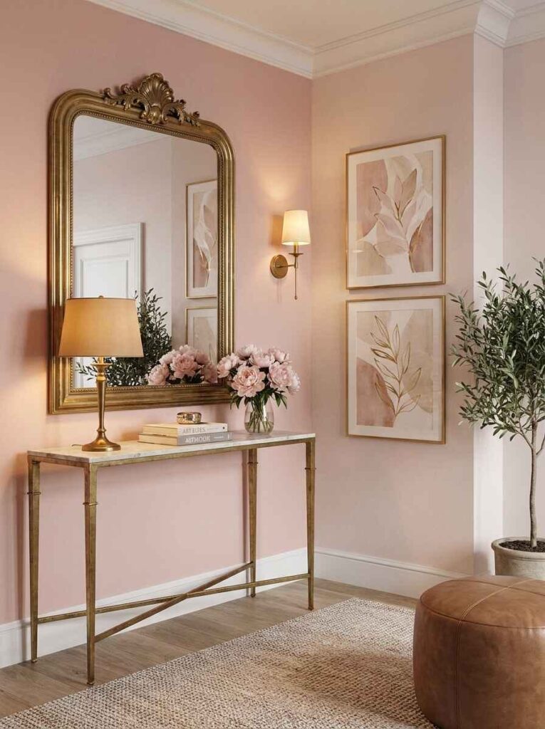 Vintage ornate gold statement mirror above a slim brass console table with botanical prints and a warm wall sconce.
