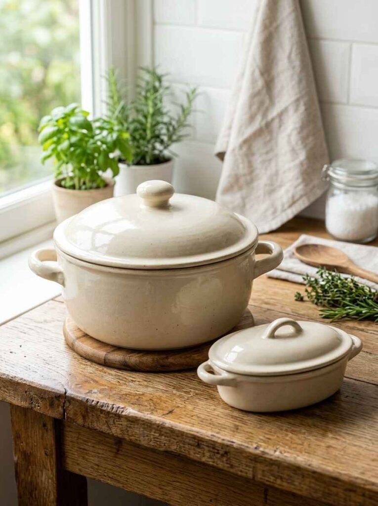 Set of two cream-colored vintage-style ceramic casserole baking dishes with fitted lids resting on a wooden kitchen board.