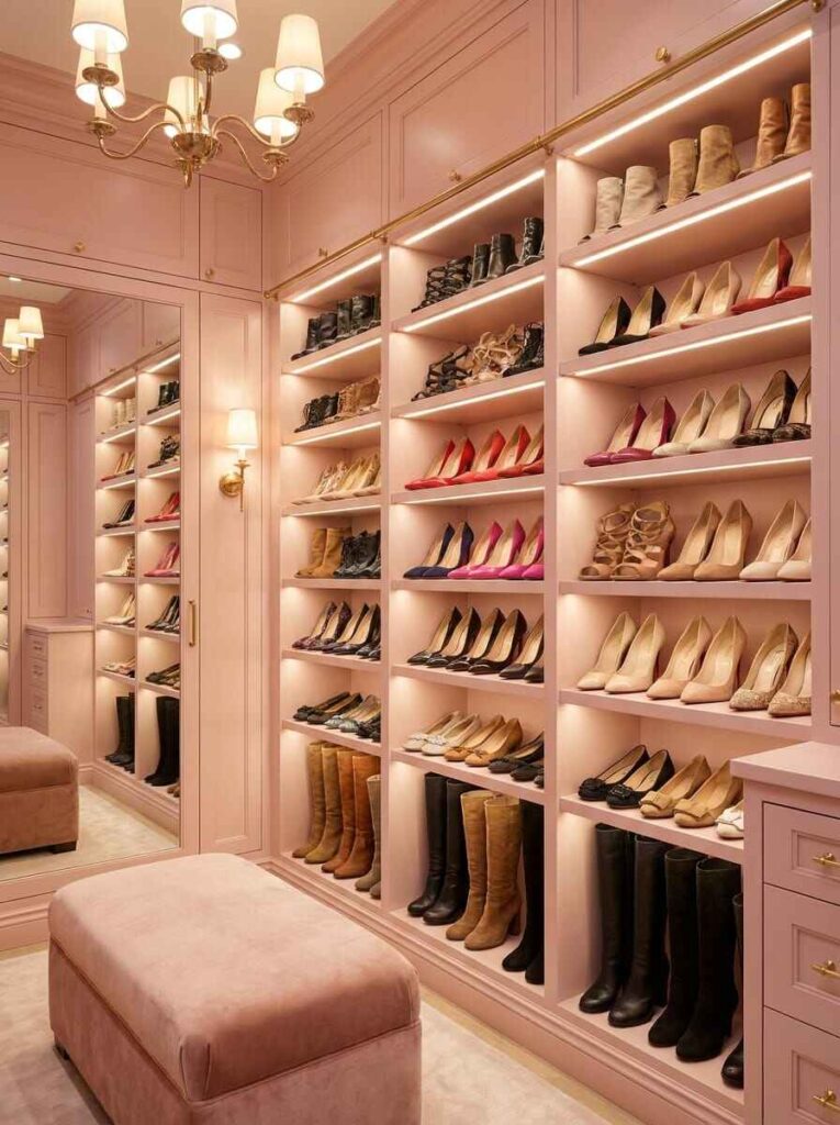 Floor-to-ceiling blush pink walk-in closet shoe display wall with integrated LED lights, boots, and high heels.