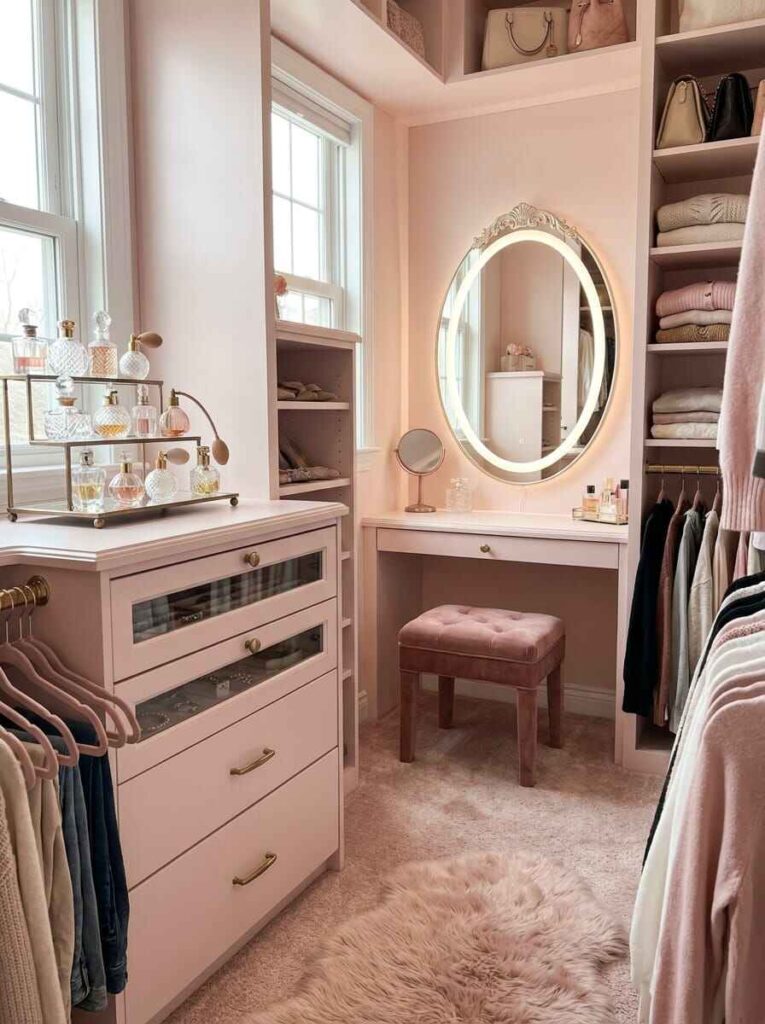 Cozy walk-in closet corner featuring a built-in makeup vanity, oval backlit LED mirror, perfume display, and tufted velvet stool.