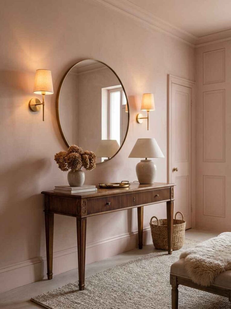 Warm glowing entryway with an antique wood fluted console, round brass mirror, and twin fabric-shade wall sconces.