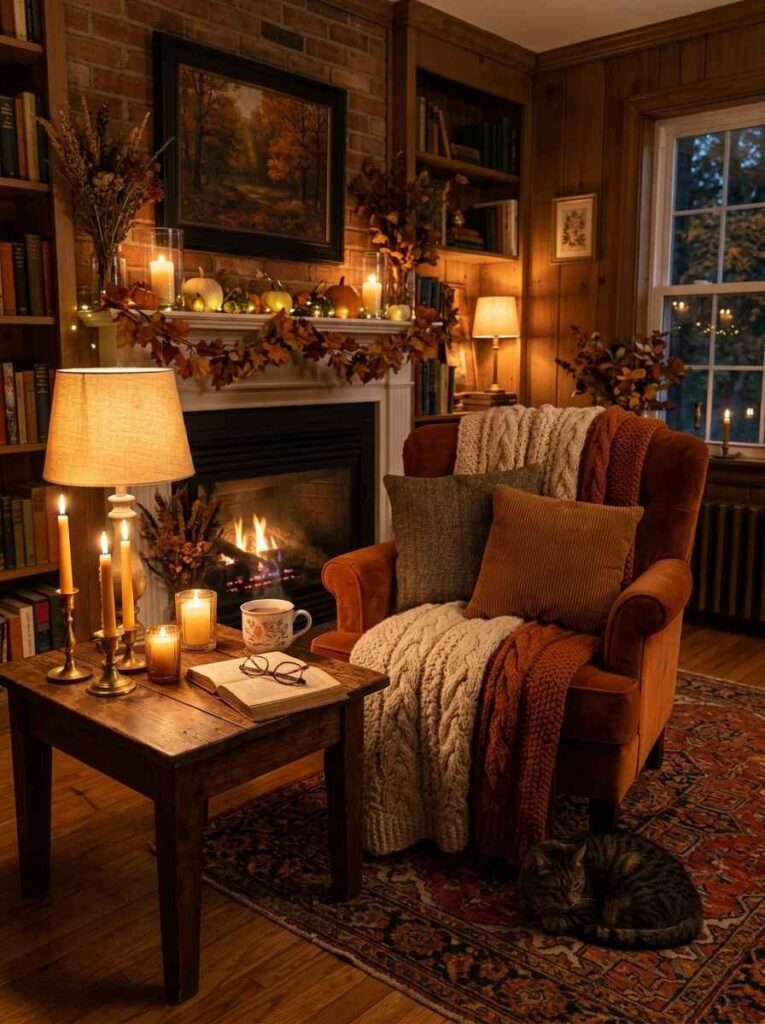 Cozy candlelit living room corner with a burning fireplace, glowing brass candles, table lamp, and armchair with knit throws.