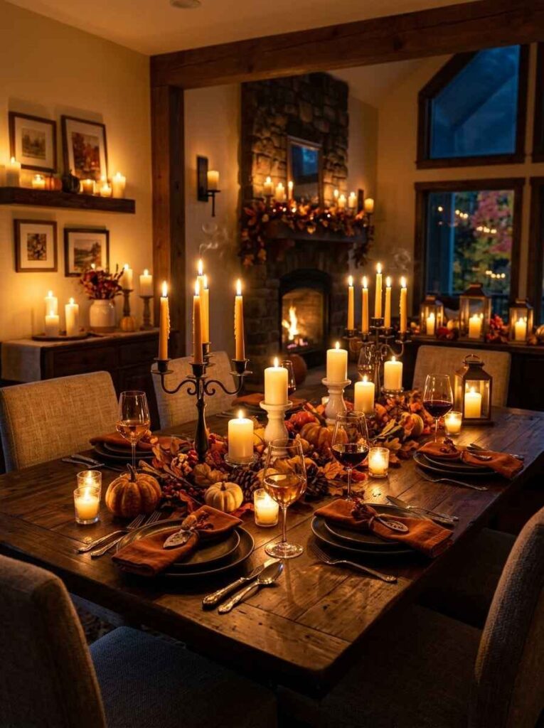 Atmospheric fall dining table filled with glowing taper candles, candelabras, pillar candles, and autumn foliage.