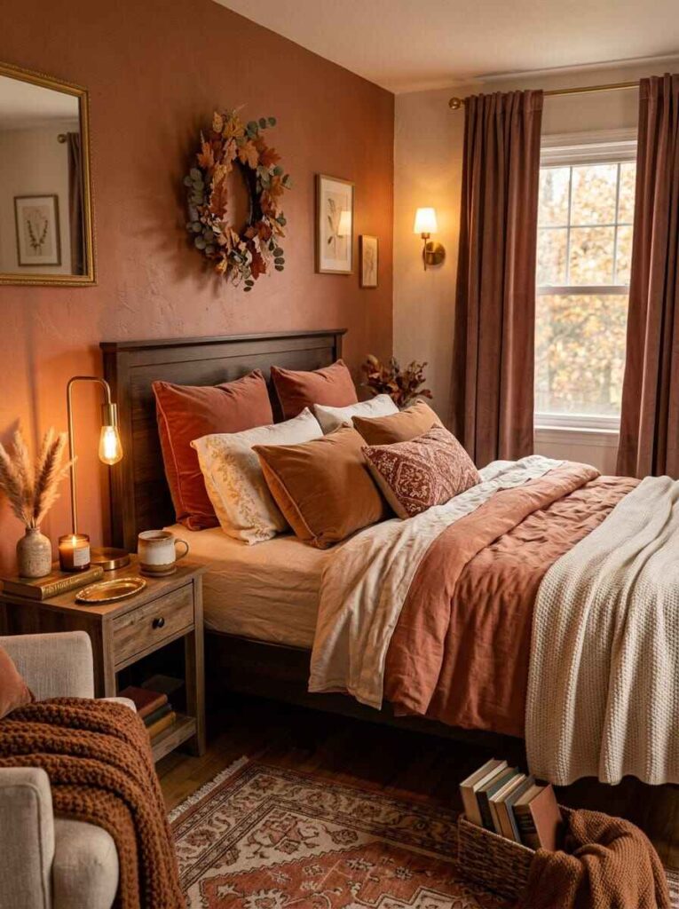 Warm autumn bedroom color scheme with terracotta painted walls, dried fall wreath, rust velvet pillows, and amber lighting.