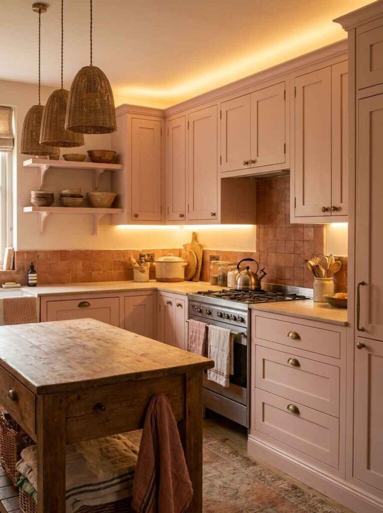 Warm under-cabinet LED lighting glowing over terracotta backsplash tiles, woven pendant shades, and a rustic wood kitchen island.