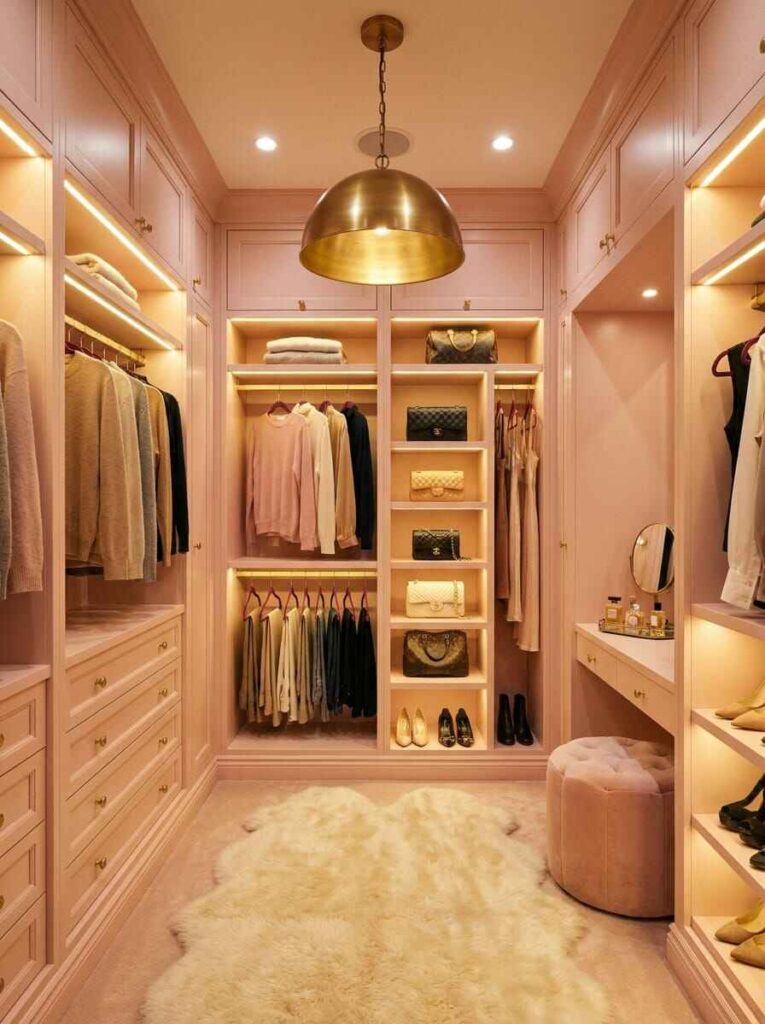 Warm layered lighting in a pink walk-in closet featuring a brass dome pendant light, illuminated clothing racks, and a faux fur rug.