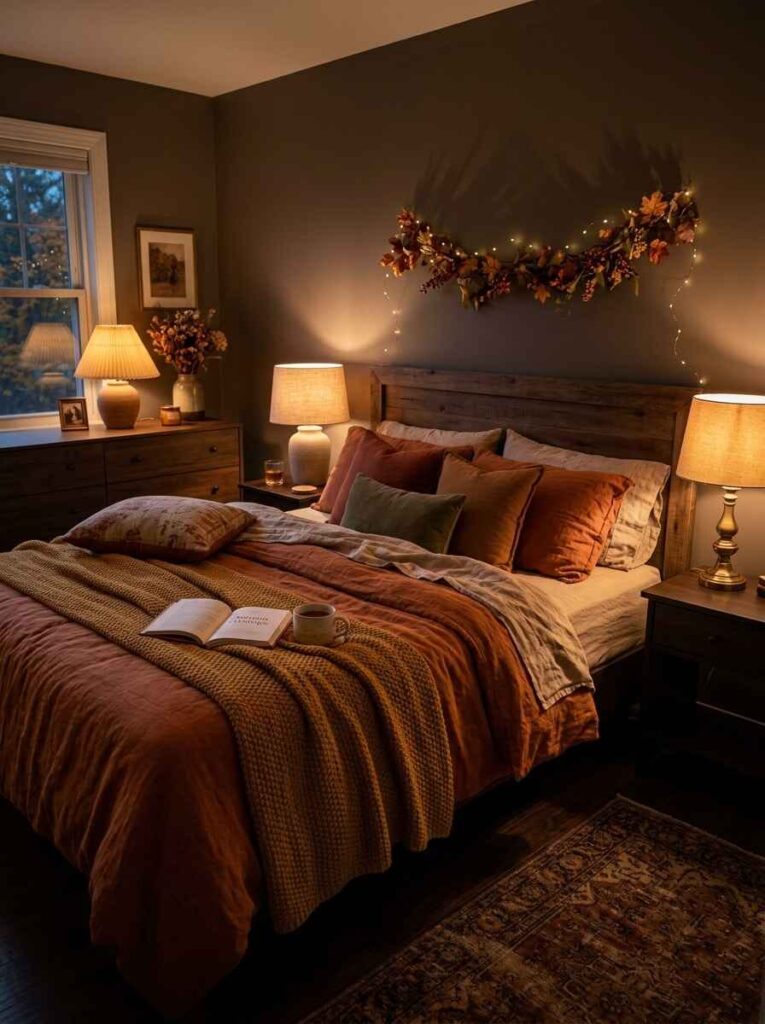Cozy autumn bedroom featuring warm ambient table lamps, string lights woven through autumn leaves, and glowing amber tones.