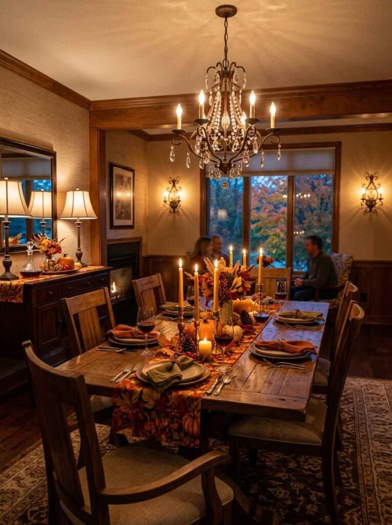 Warm fall dining room palette featuring rich burgundy tones, amber candlelight, crystal chandelier, and dark wood.(fall dining room ideas)