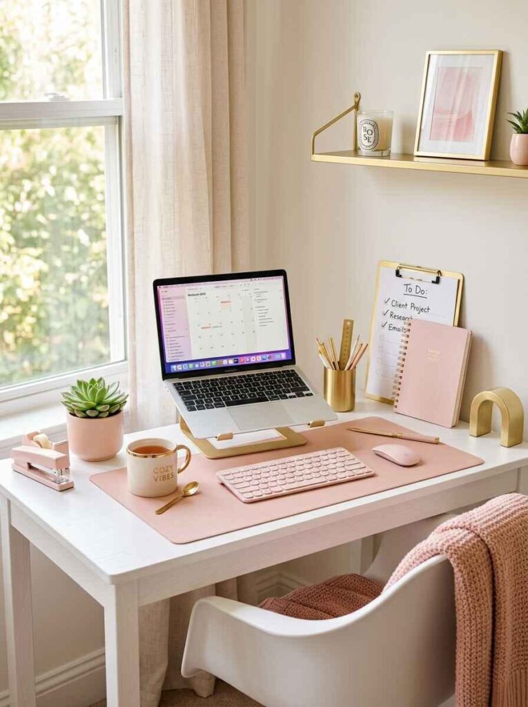 Bright white office desk by a window with pink desk pad, gold stationery accessories, potted succulent, and task clipboard.