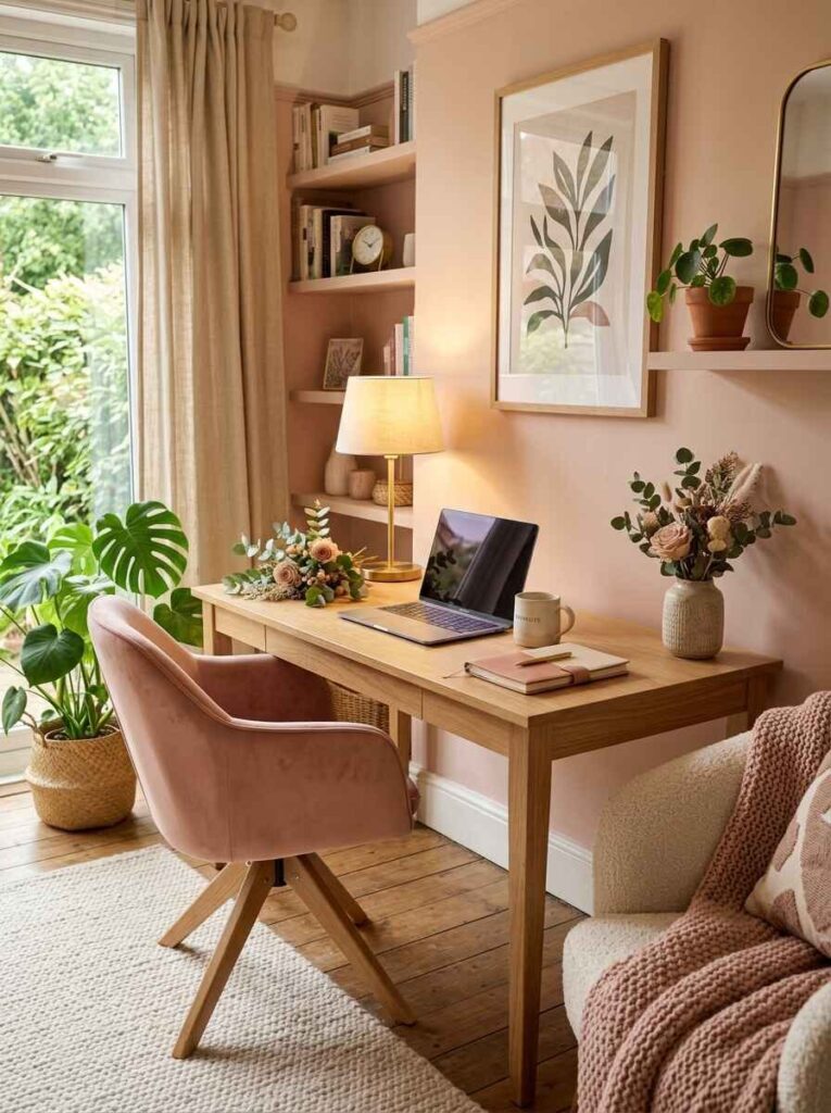 Warm natural wood office desk paired with lush indoor plants, framed botanical prints, soft desk lamp, and pink upholstered chair.