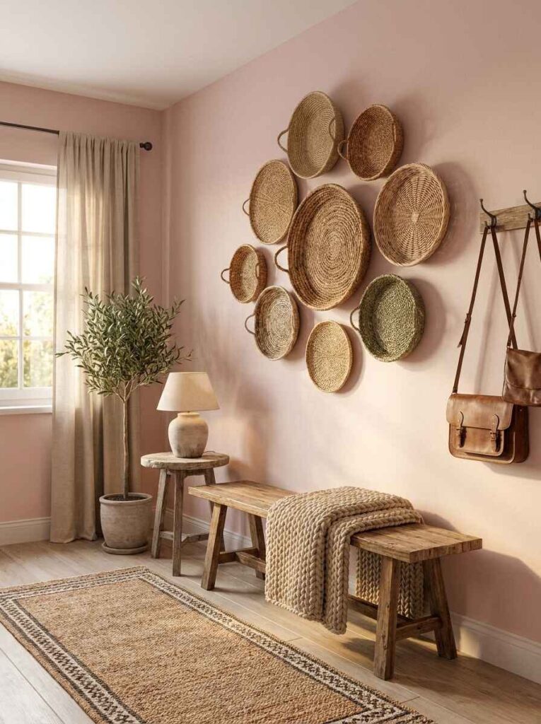 Boho-inspired entryway wall decorated with a cluster of woven seagrass baskets above a rustic wood bench and potted olive tree.