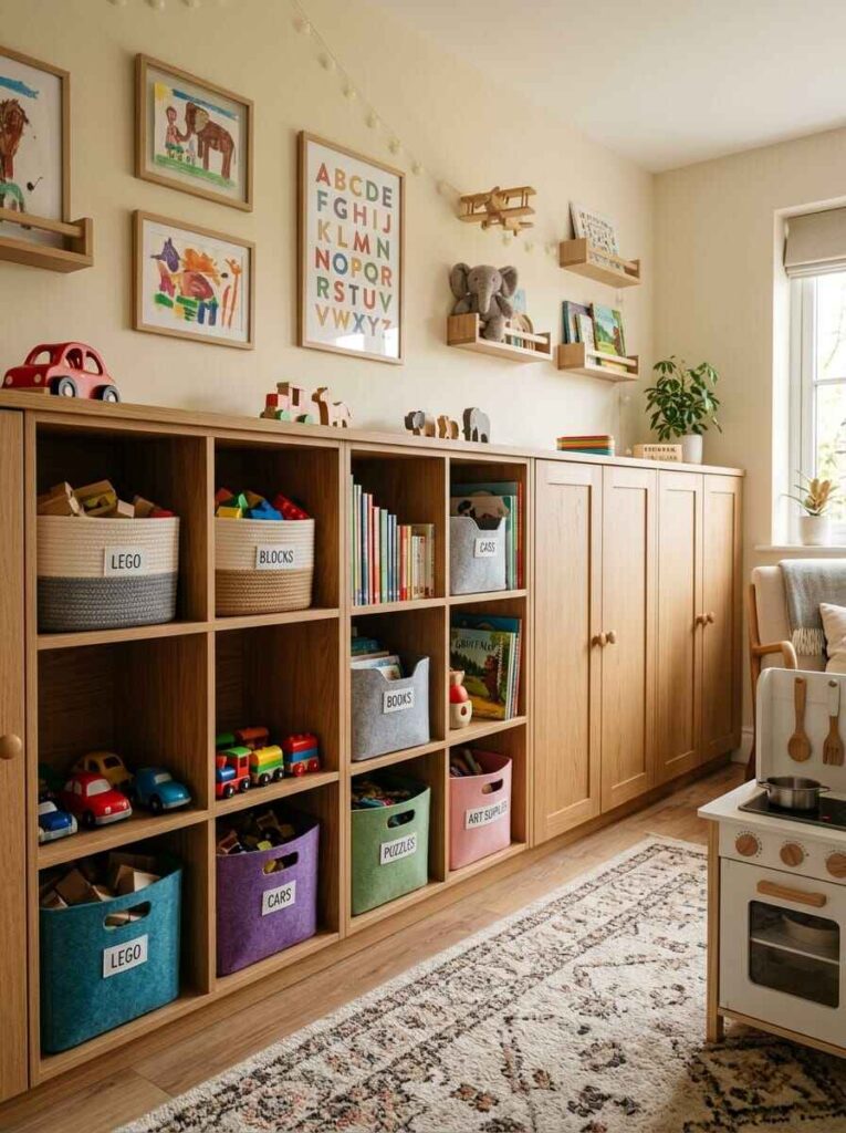 Low wooden built-in storage cabinet with open cubbies, labeled toy bins, and closed storage doors.