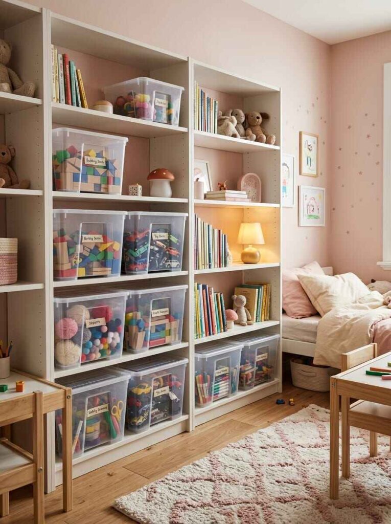 Tall white open shelving unit holding stackable clear plastic storage boxes with labeled toys, blocks, and art supplies.