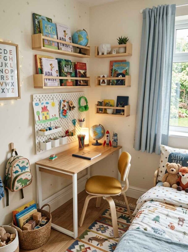 Corner study nook in a small kids bedroom with a slim wooden desk, pegboard wall organizer, and floating book ledges.Corner study nook in a small kids bedroom with a slim wooden desk, pegboard wall organizer, and floating book ledges.