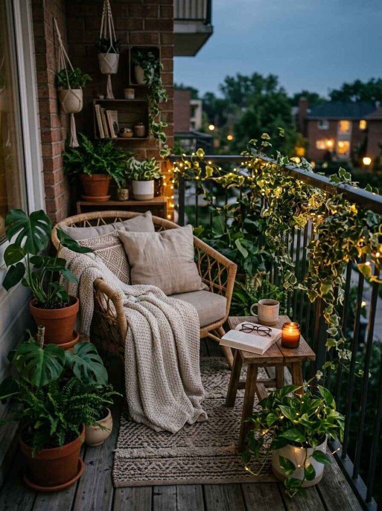 Peaceful balcony reading corner with a comfortable wicker armchair, chunky knit throw blanket, rustic side table, and fairy lights woven through ivy.