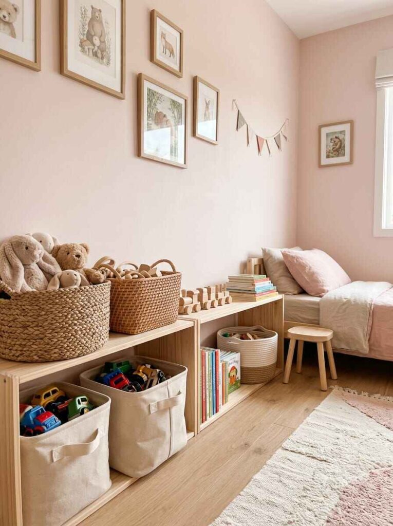 Low natural wood toy shelf with woven baskets and fabric bins holding stuffed animals and blocks at toddler height.