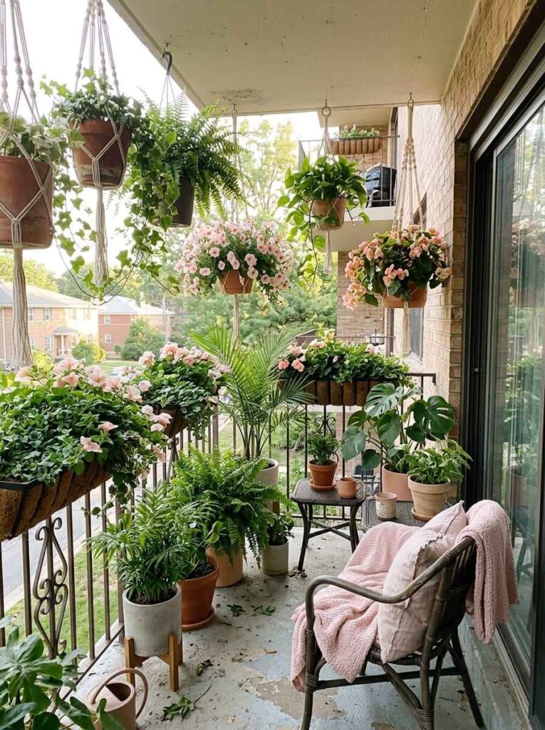 Small apartment balcony utilizing vertical greenery with macrame hanging planters, railing flower boxes, and lush potted ferns.