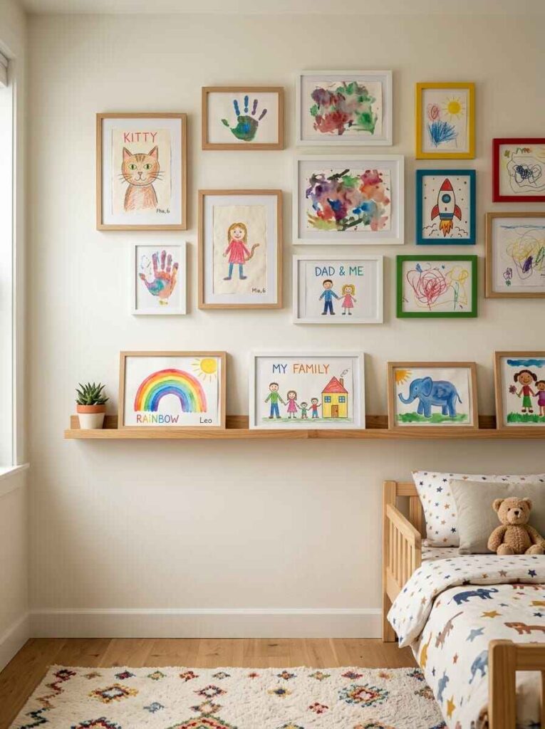 Small kids bedroom wall decorated with a gallery wall of framed children's artwork and a long wooden picture ledge.