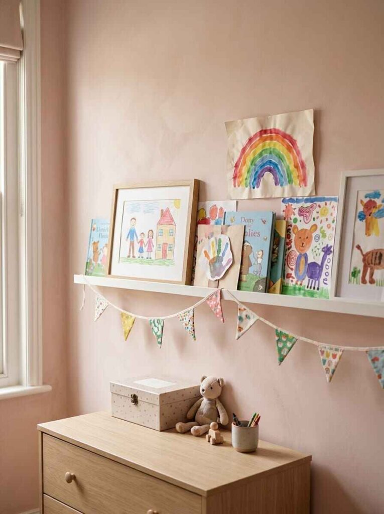 White floating picture ledge displaying framed children's drawings and watercolor art with a festive fabric bunting.