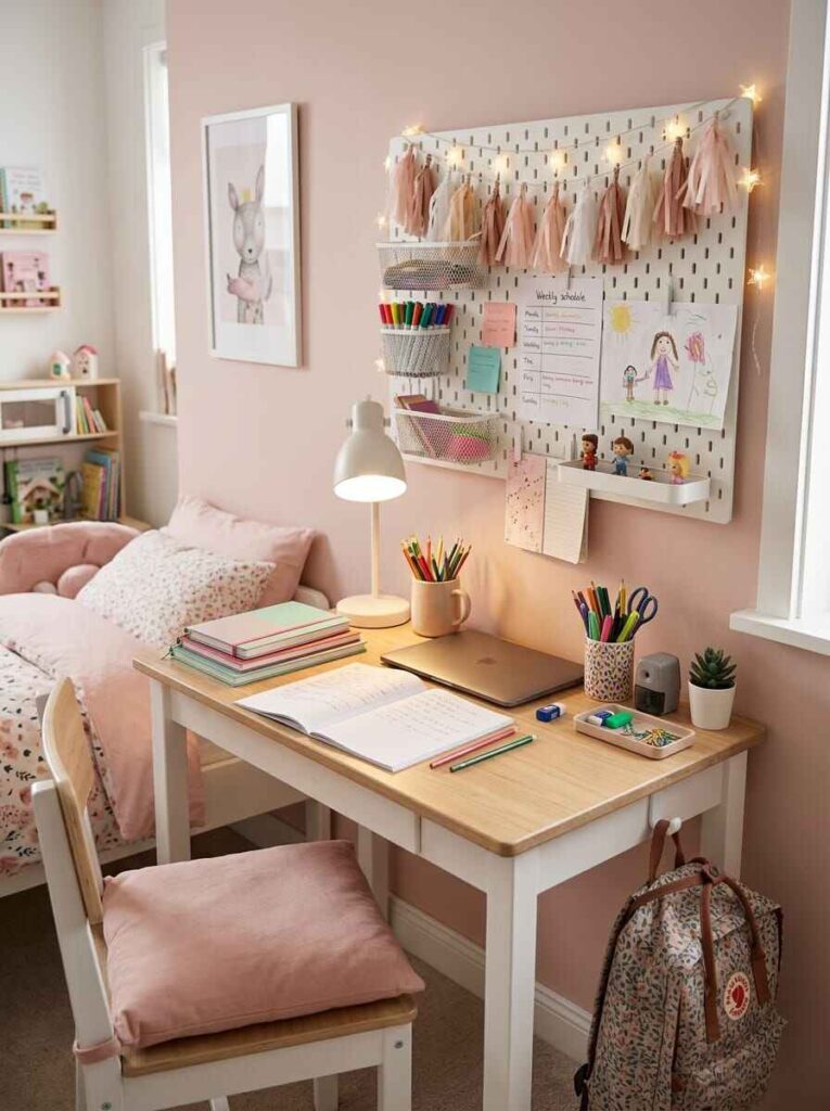 Small kids bedroom study desk set up with a white pegboard organizer, task lamp, pencil cups, and backpack hook.