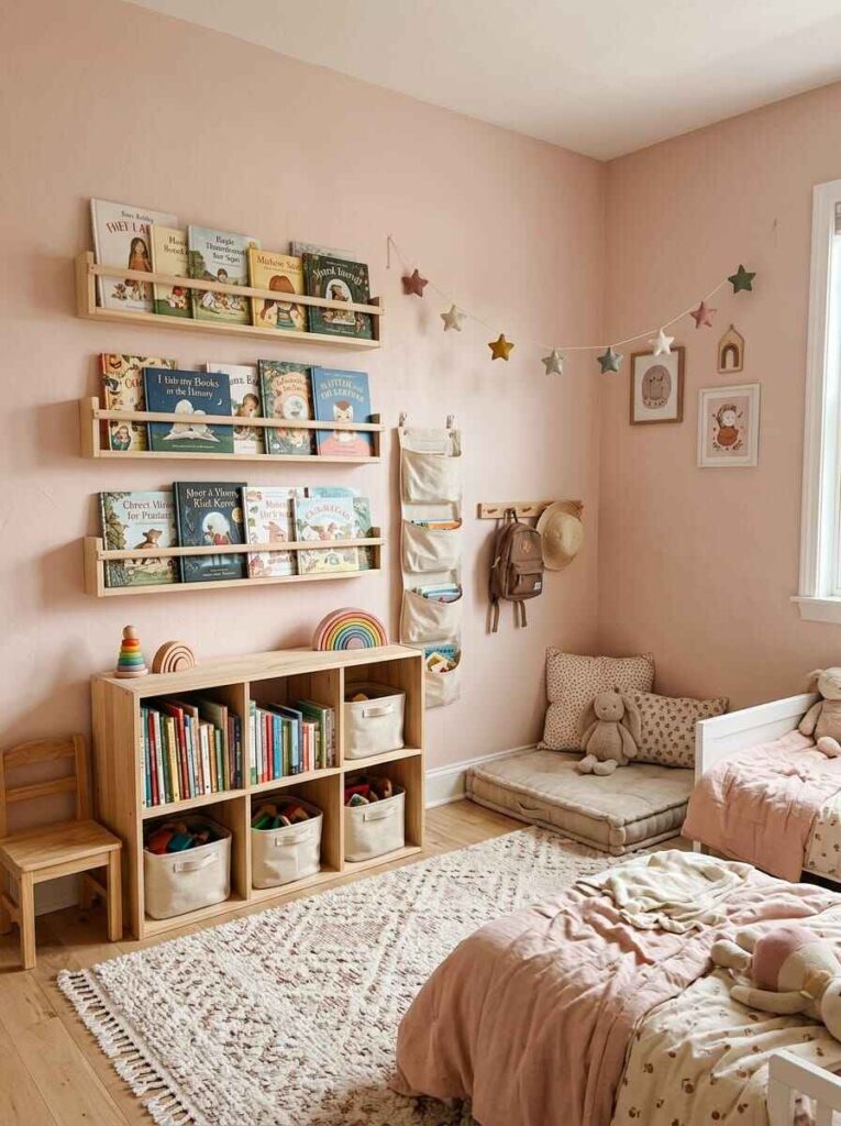 Kids bedroom reading zone with wall-mounted front-facing wooden book ledges, cube storage, and a floor cushion.