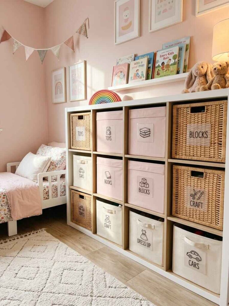 White cube organizer filled with labeled fabric bins and wicker baskets sorting toys, blocks, and craft supplies. (kids room organization ideas)