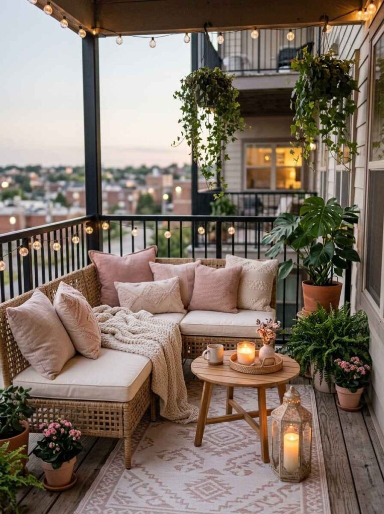 Cozy evening balcony retreat featuring a large metal lantern with a glowing pillar candle, patterned outdoor rug, and wicker seating.