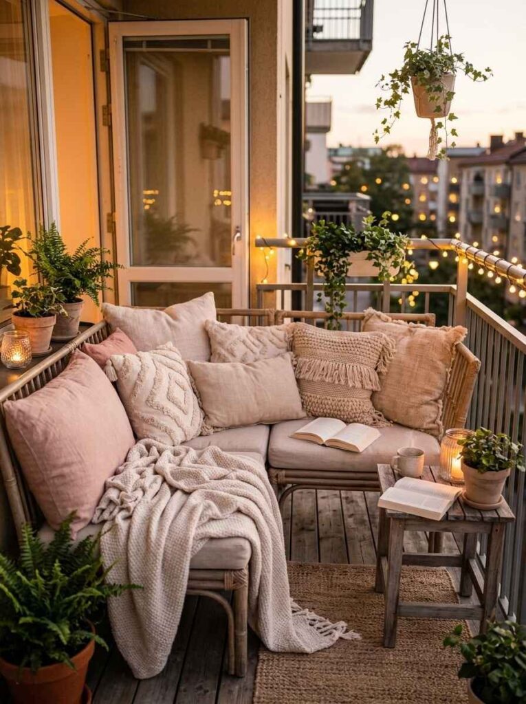Outdoor balcony bench layered with textured cream macrame pillows, blush linen cushions, and a chunky knit throw blanket.