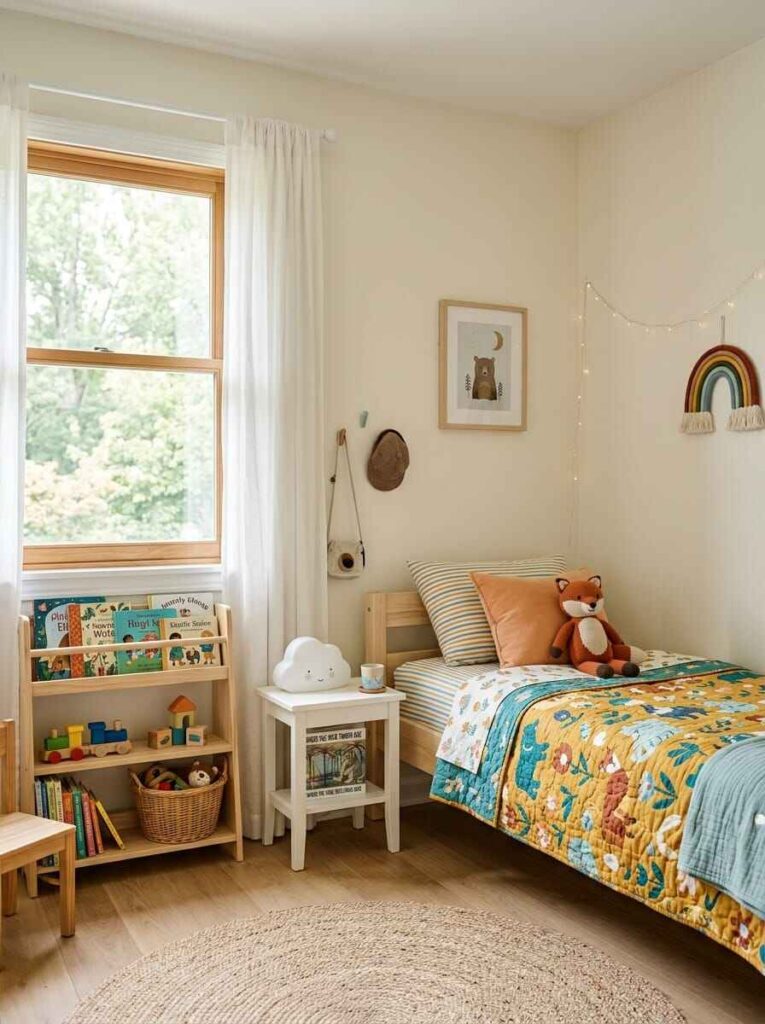 Bright small kids room painted in warm off-white with natural wood furniture, sunny window, and colorful quilt.