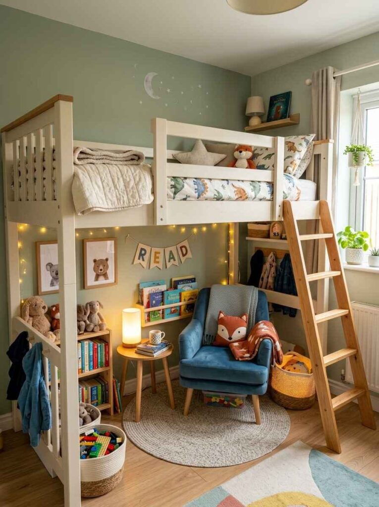 White wooden loft bed in a small kids bedroom with a cozy reading nook and armchair tucked neatly underneath. (small kids room ideas)