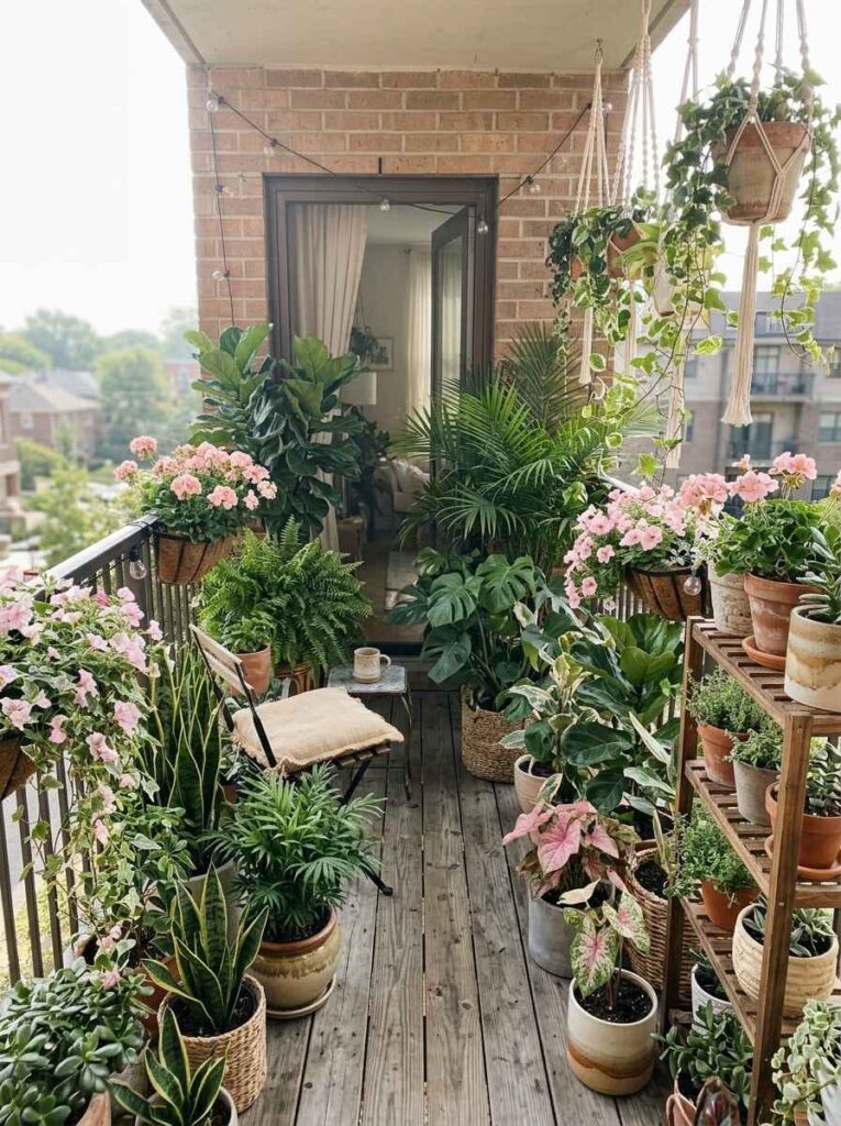 Apartment balcony garden overflowing with potted tropical plants, flowering planters, a multi-tier plant stand, and wooden chair.