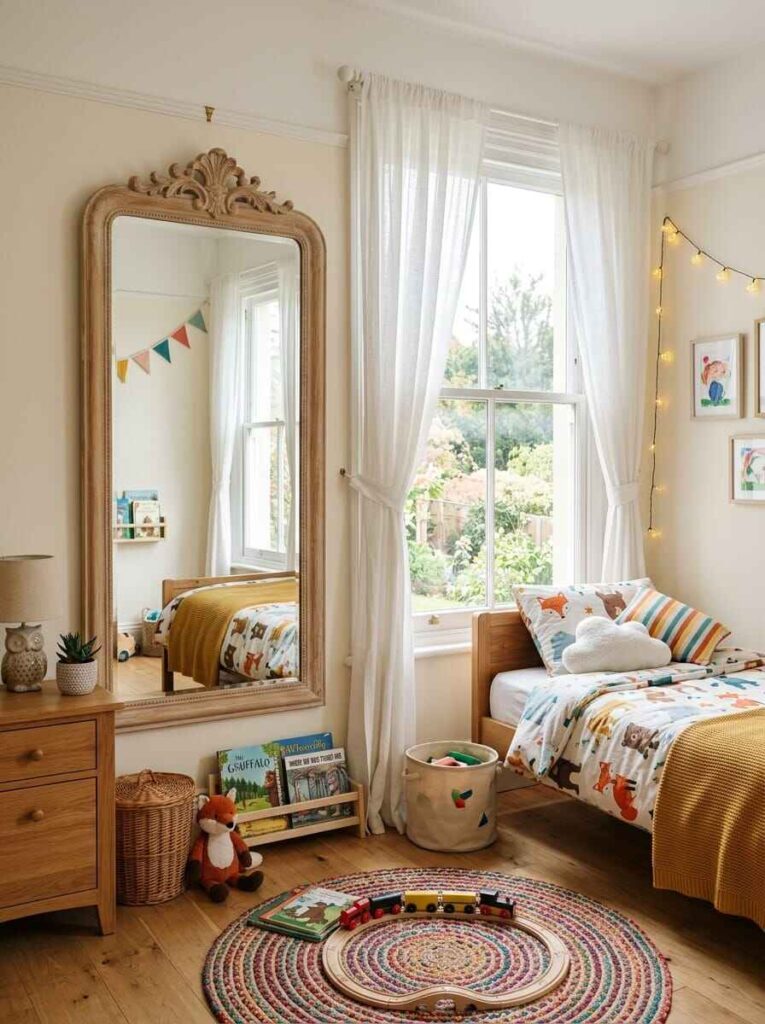 Full-length ornate wooden mirror placed beside a sunny window to bounce natural light around a small kids bedroom.