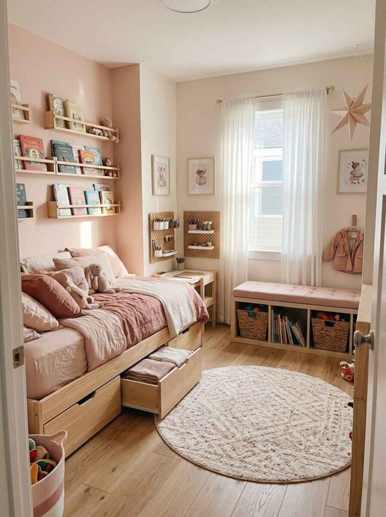 Small organized kids bedroom featuring an under-bed storage drawer unit, storage bench, and wall-mounted desk.
