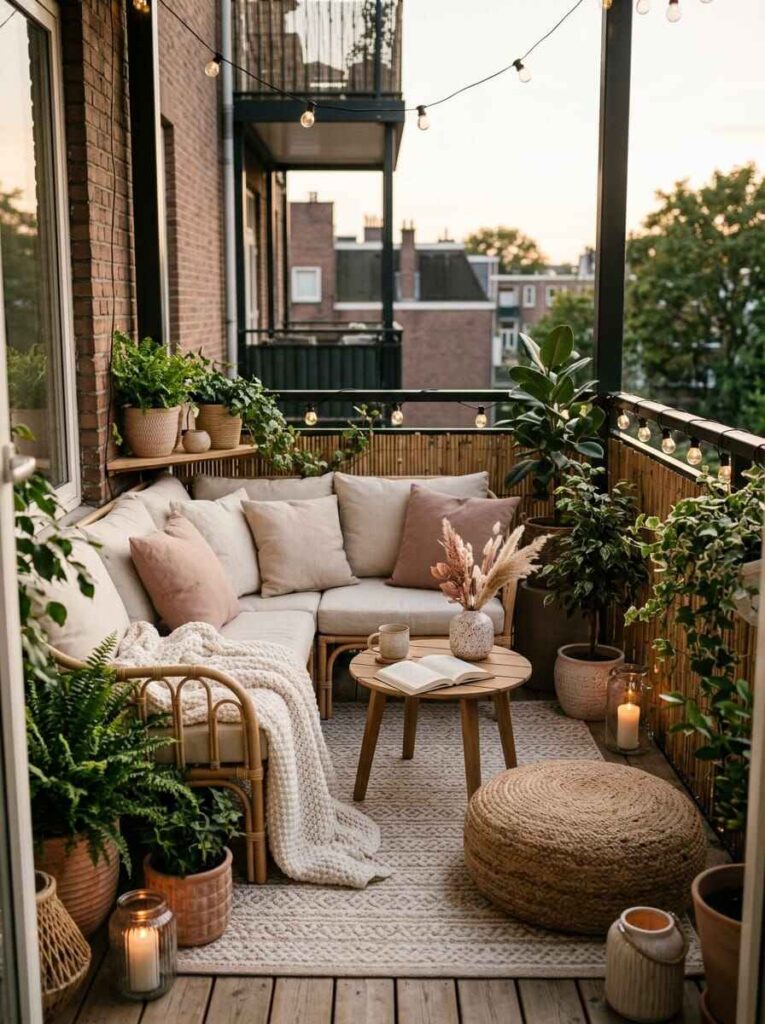 Cozy balcony styled with a bamboo reed privacy screen, woven wicker corner sofa, jute pouf, and round wood coffee table.