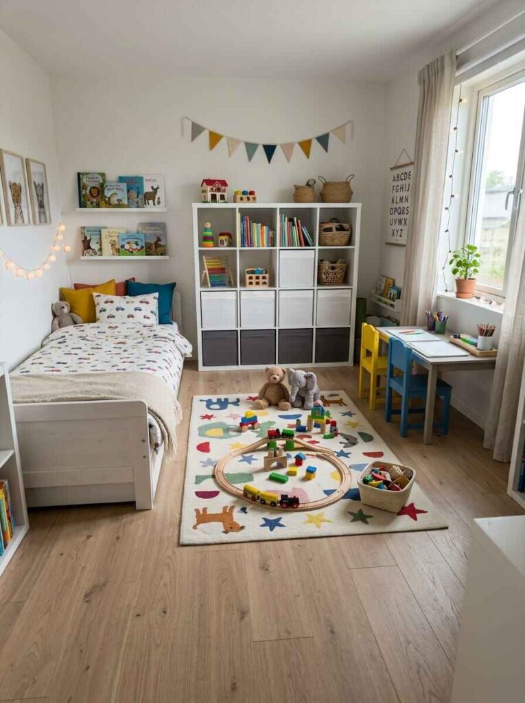 Organized small kids bedroom featuring an open central rug for floor play and perimeter storage furniture.