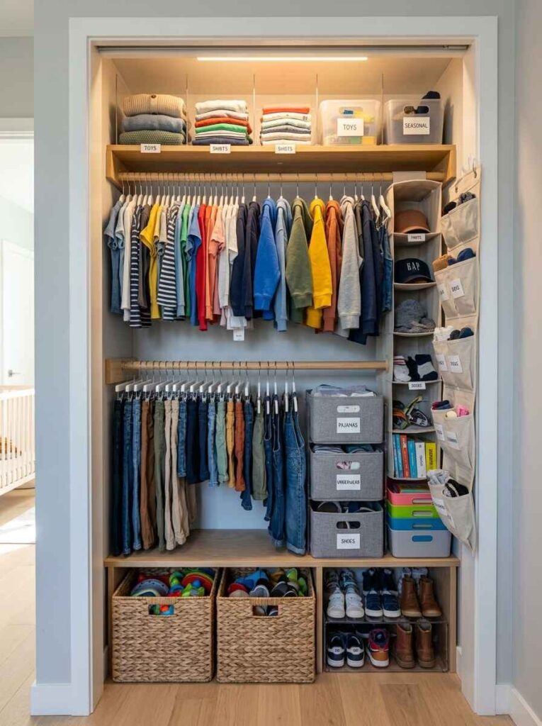 Small kids bedroom closet organized with double hanging rods, hanging cubbies, and labeled storage baskets.