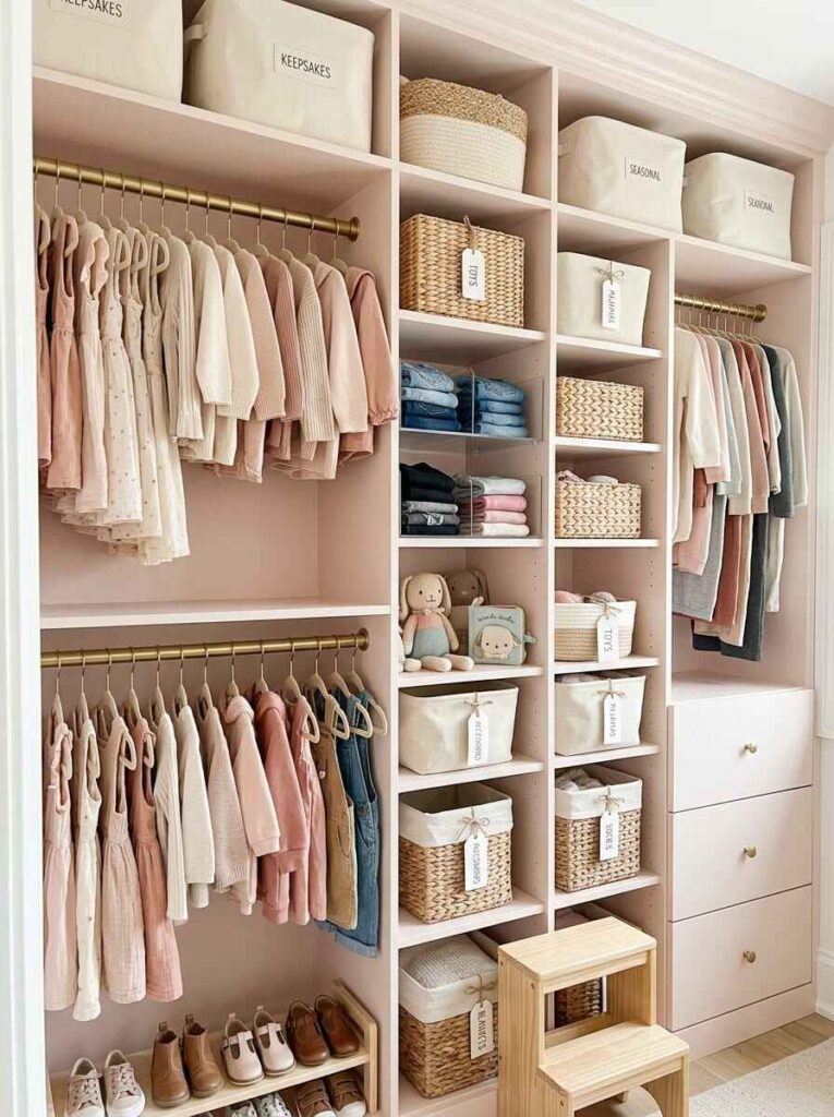 Walk-in children closet organized with double brass clothing rods, labeled woven baskets, shoe rack, and stepped stool.