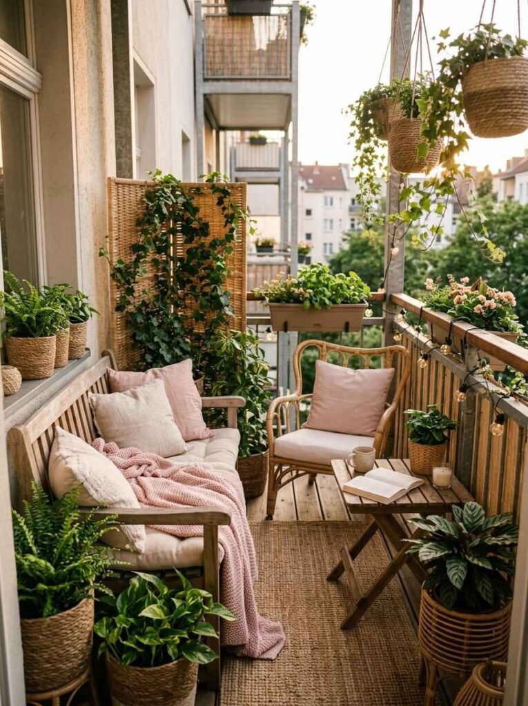 Apartment balcony styled with a natural woven outdoor rug, wooden bench, rattan armchair, folding table, and hanging planters.