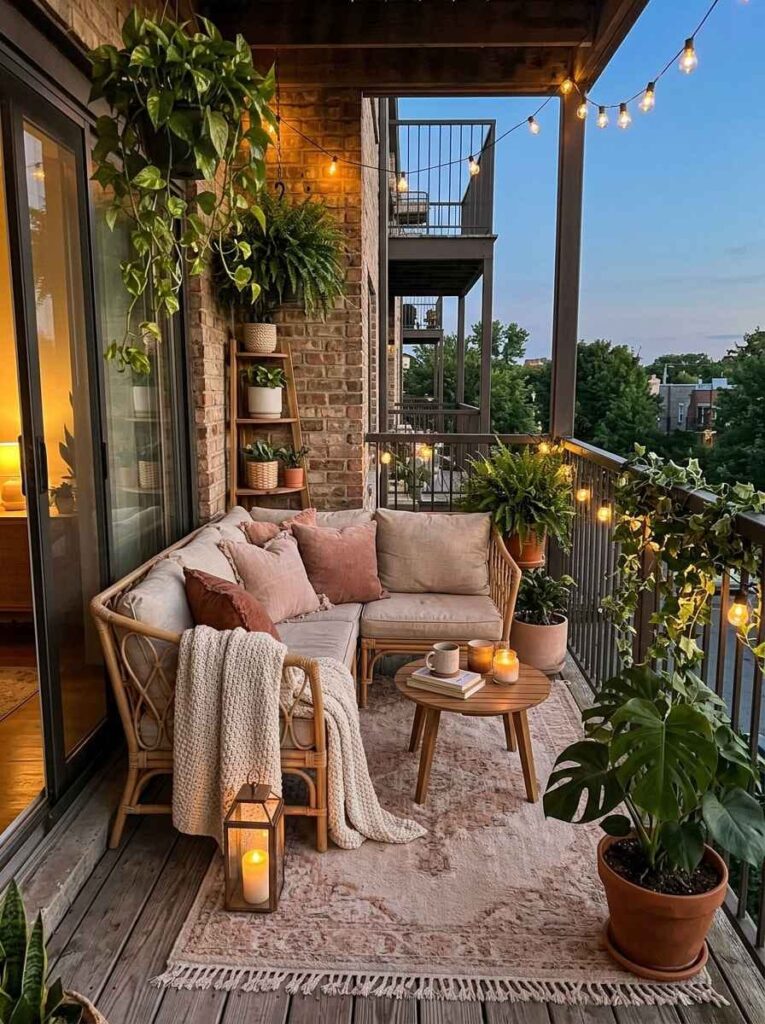 Cozy apartment balcony lounge area featuring an L-shaped wicker sectional, plush cushions, a round wooden coffee table, and warm string lights at dusk.