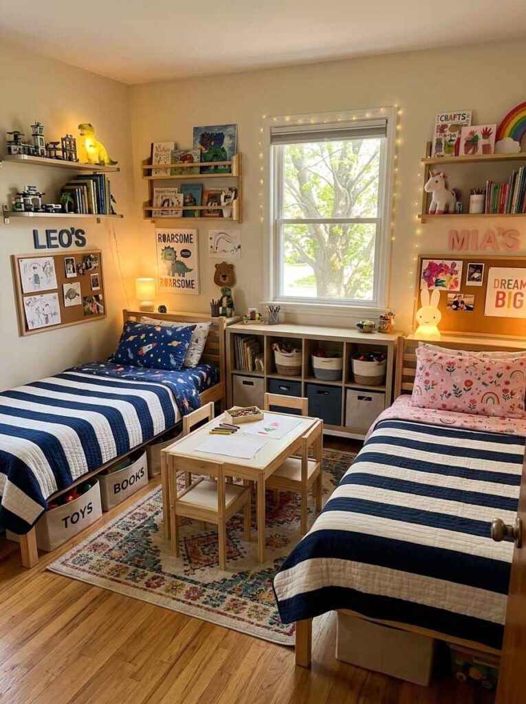 Small shared kids bedroom featuring twin beds with personalized name signs and a shared central activity table.