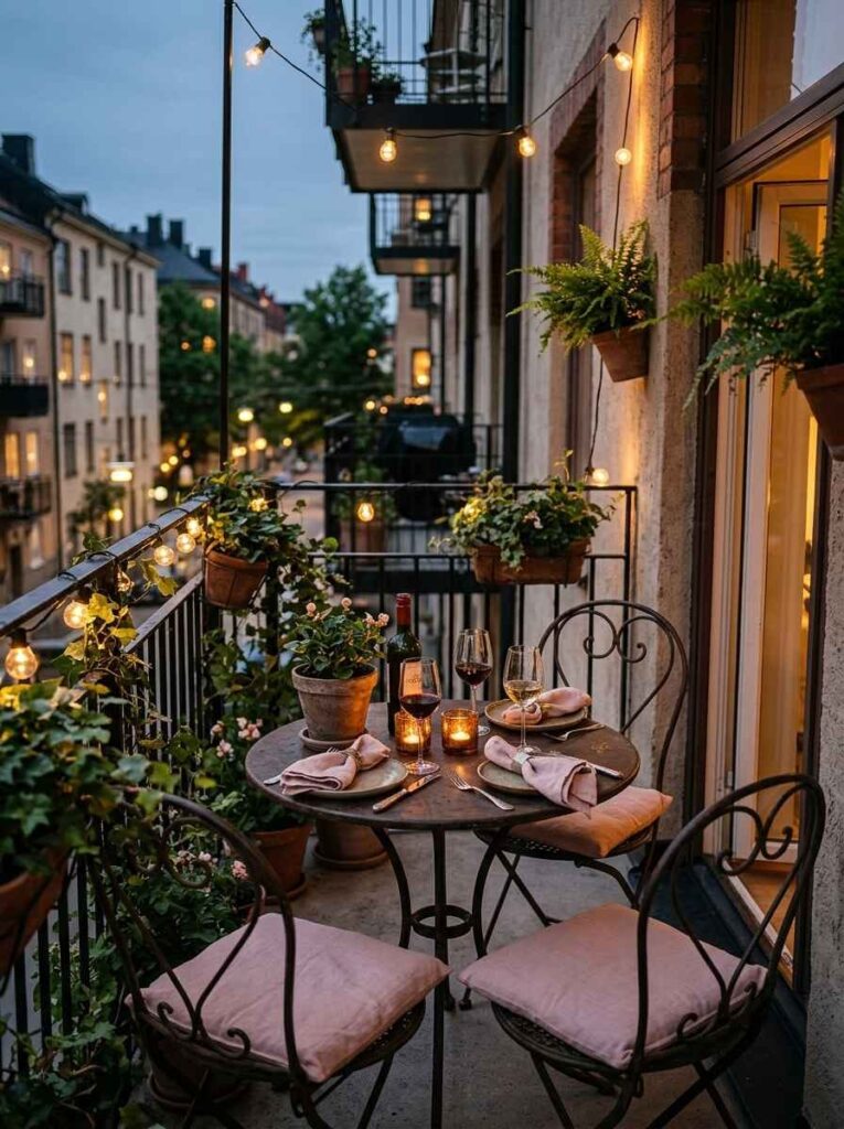 Intimate balcony dining setup featuring a dark metal bistro table, two chairs with pink seat cushions, wine glasses, and evening city views.