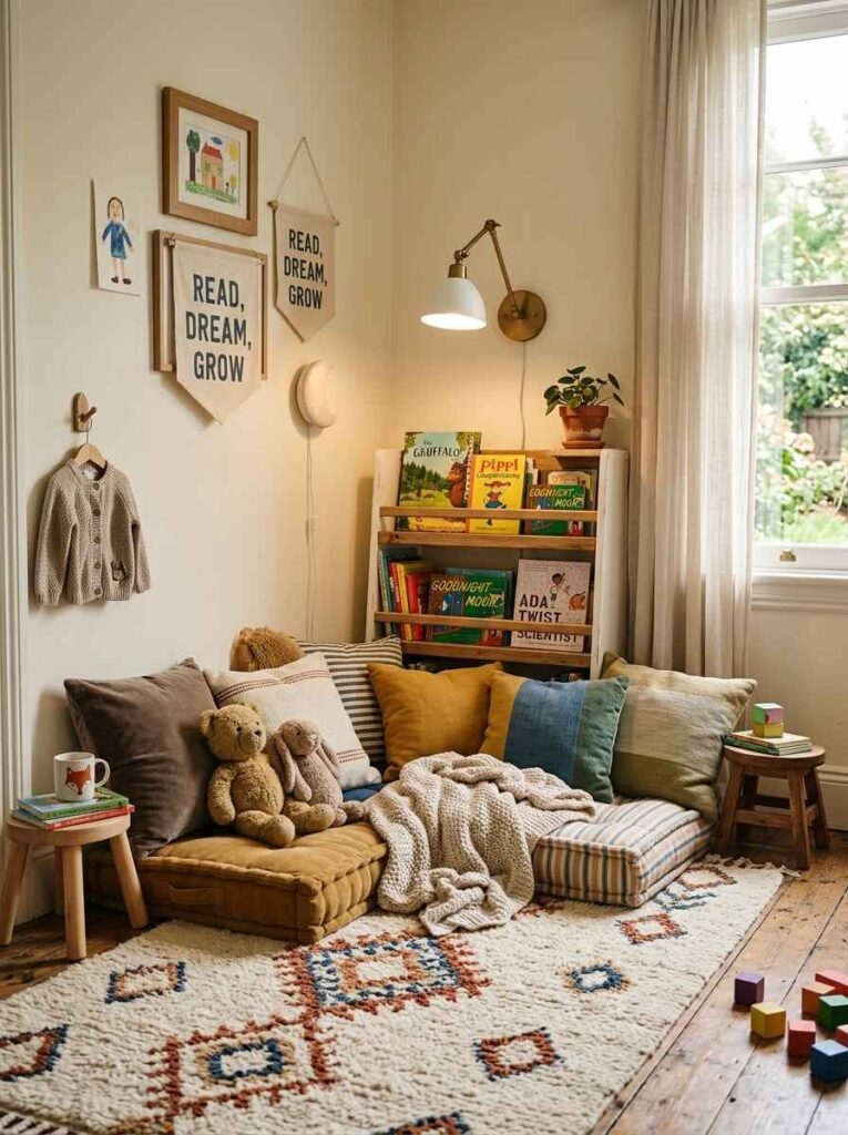 Cozy corner reading nook in a kids bedroom with floor cushions, throw pillows, and forward-facing book display.