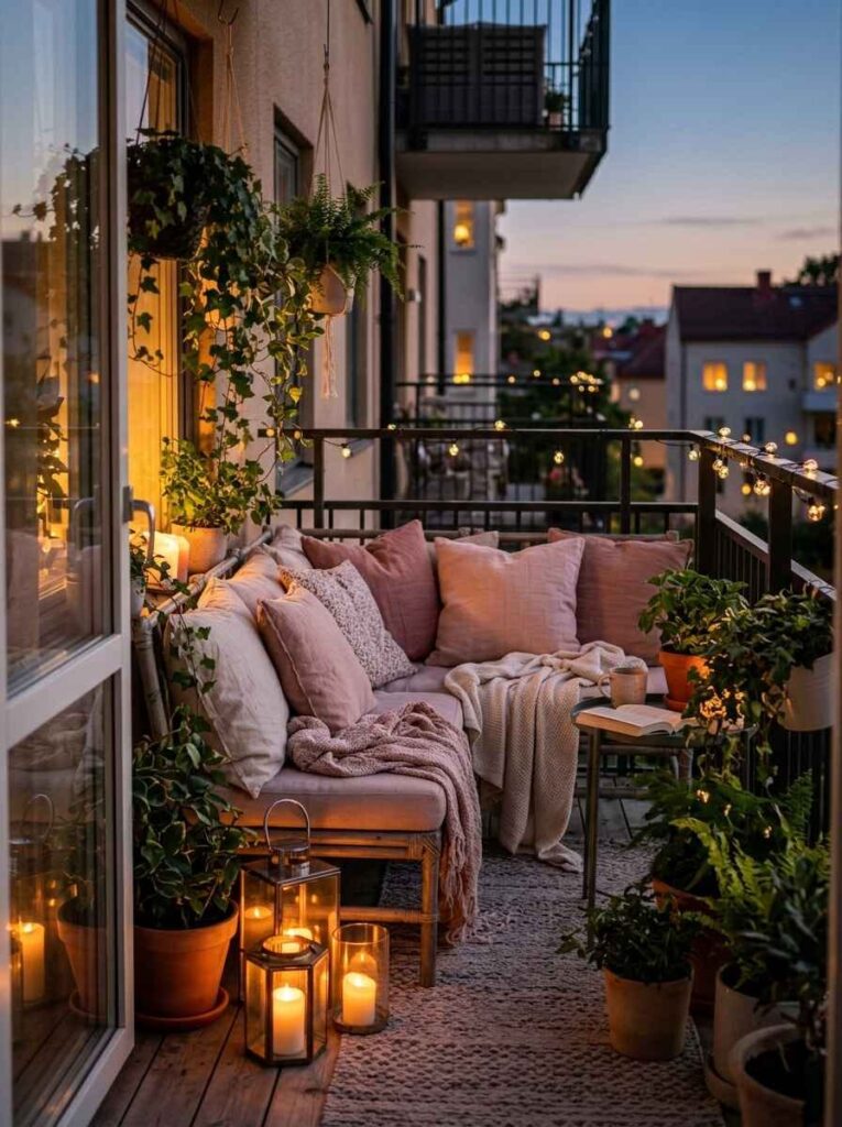 Soft neutral balcony color scheme combining blush pink linen pillows, beige cushions, glowing glass candle lanterns, and lush greenery. (cozy balcony decor ideas)