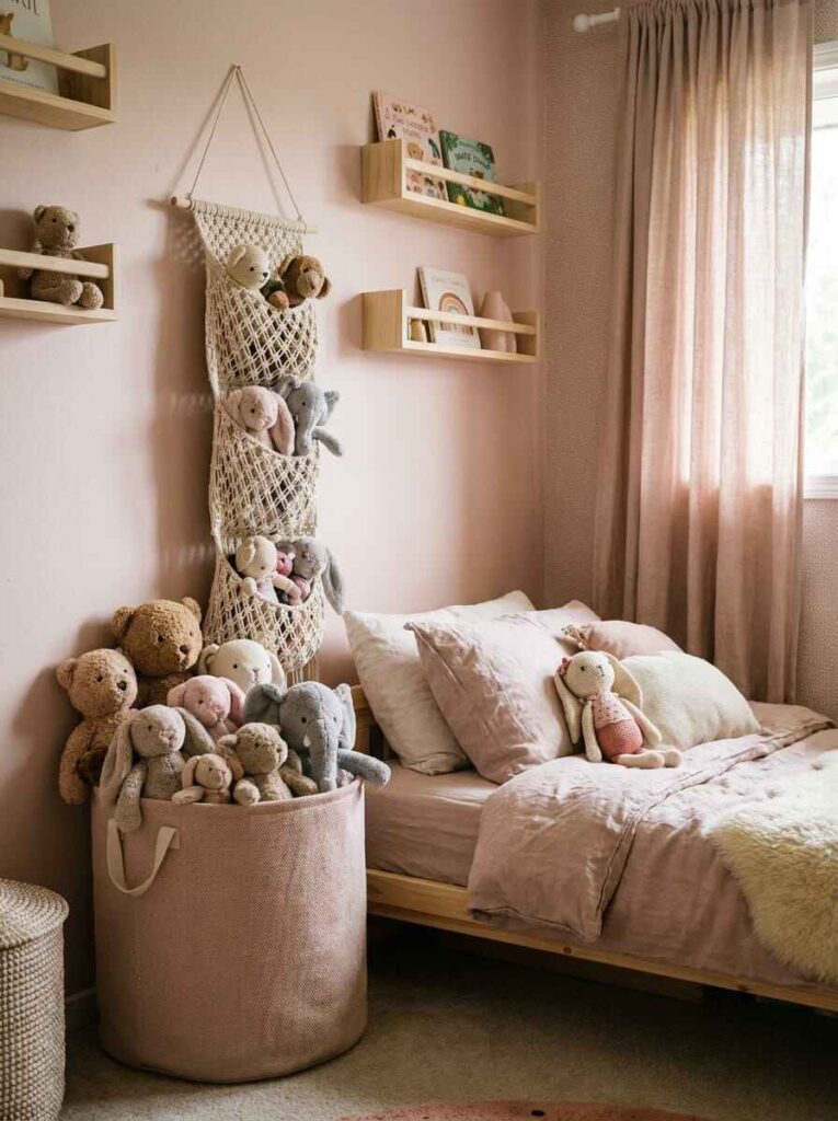 Kids bedroom stuffed animal storage using a macrame hanging wall hammock and a tall fabric floor bin.