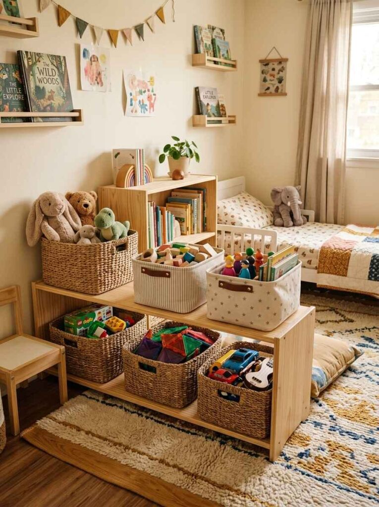 Low wooden bookcase styled with natural woven baskets and fabric bins holding sorted toys and stuffed animals.