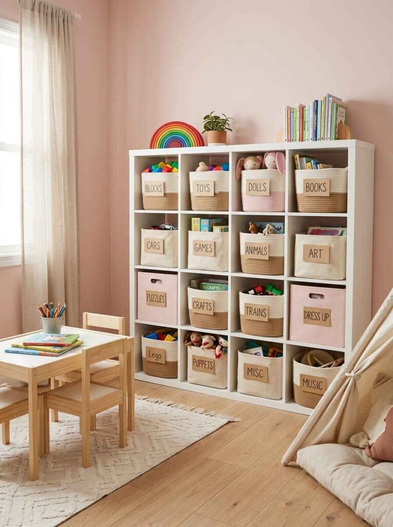Large white 16-cube toy organizer with labeled woven bins categorizing blocks, cars, puzzles, crafts, and books.