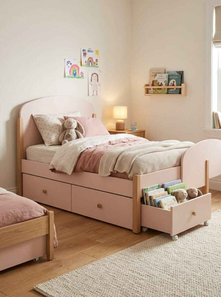 Pink wooden kids bed equipped with deep pull-out under-bed rolling drawers storing storybooks and plush toys.