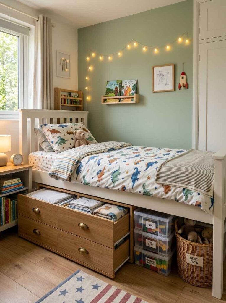 Children's single bed fitted with wooden pull-out storage drawers and labeled clear toy bins underneath.