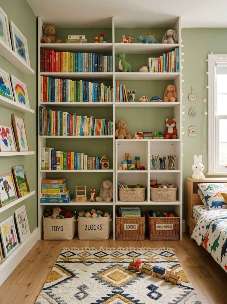Tall floor-to-ceiling white bookcase in a small kids bedroom filled with organized books and labeled toy bins.